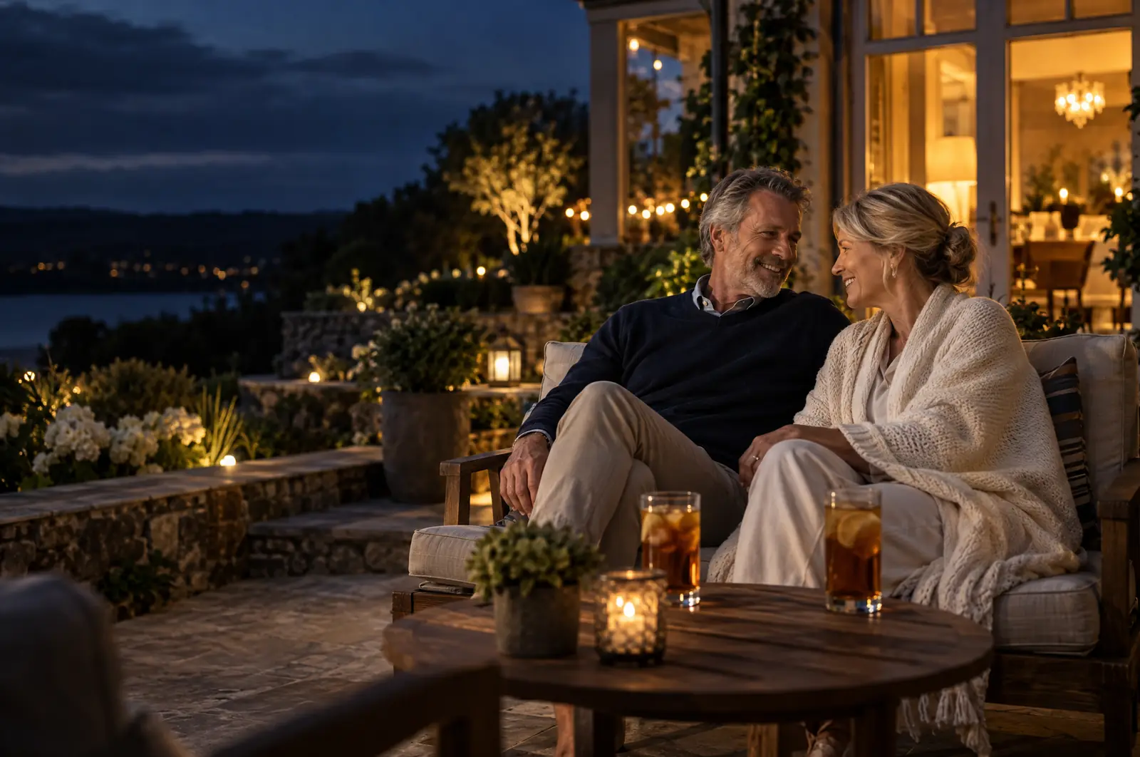 A couple talking on their terrace in the evening