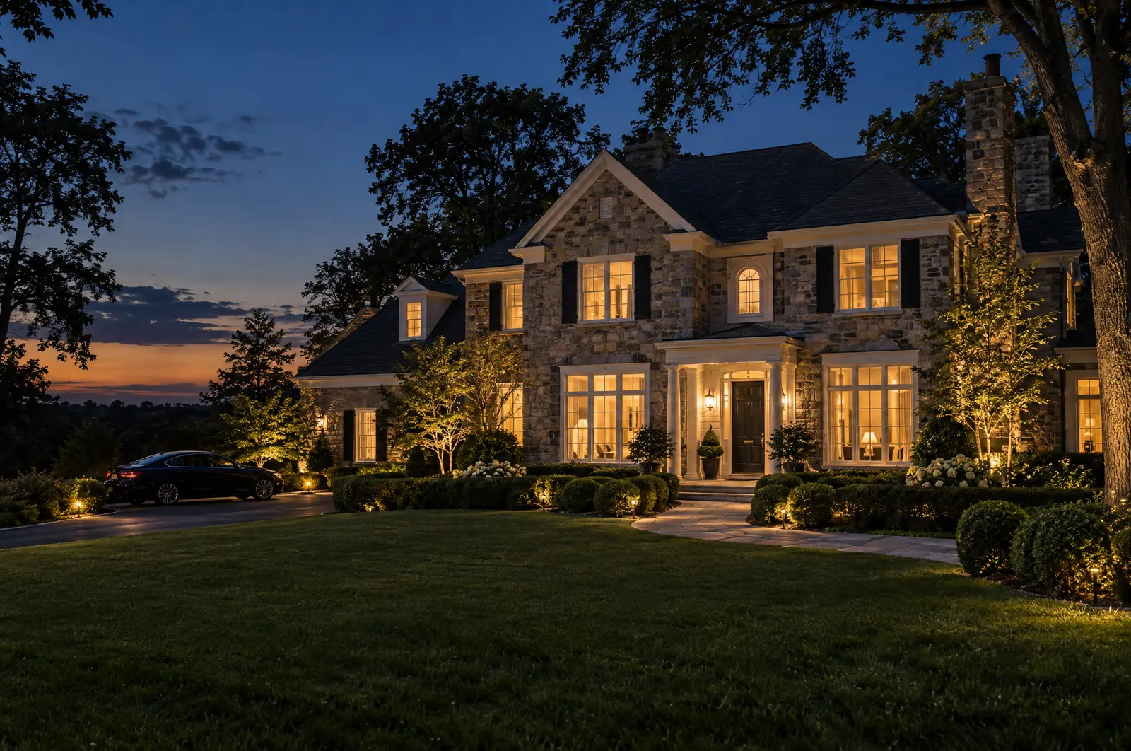 A stone house at dusk with its windows lit